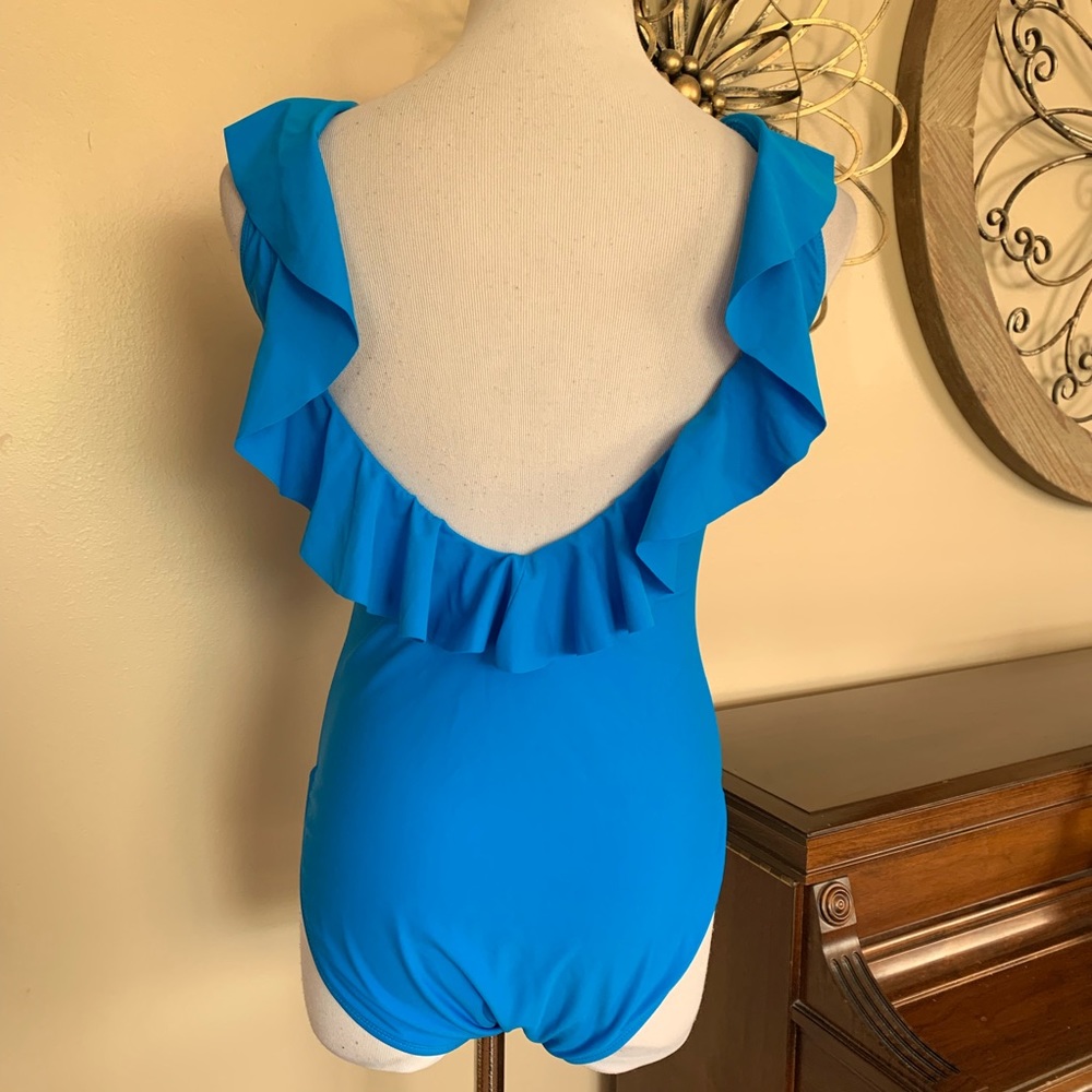 WM Size Medium Blue Ruffled One Piece Swimsuit - Picture 3 of 6
